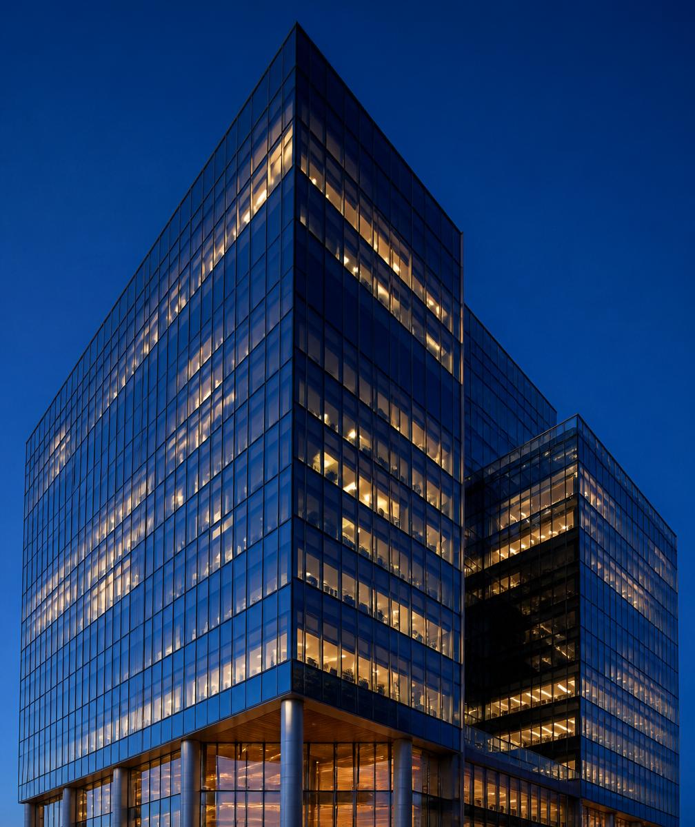 Modern corporate glass building at dusk